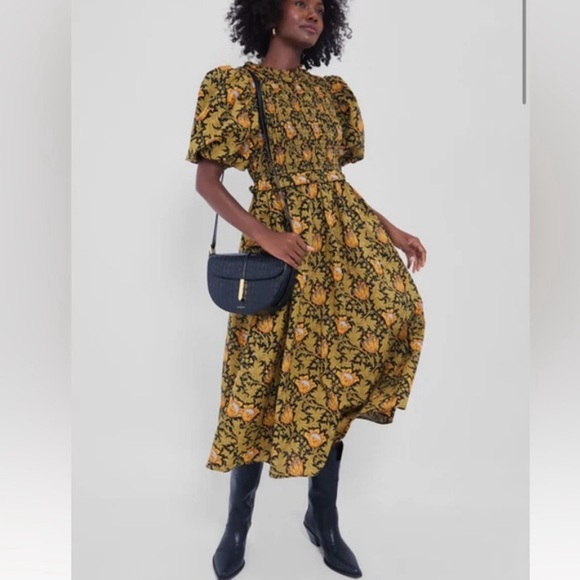 Tuckernuck Dresses & Skirts - Tuckernuck NWT Floral Leafy Olive Yellow & Black Midi Dress size XL
